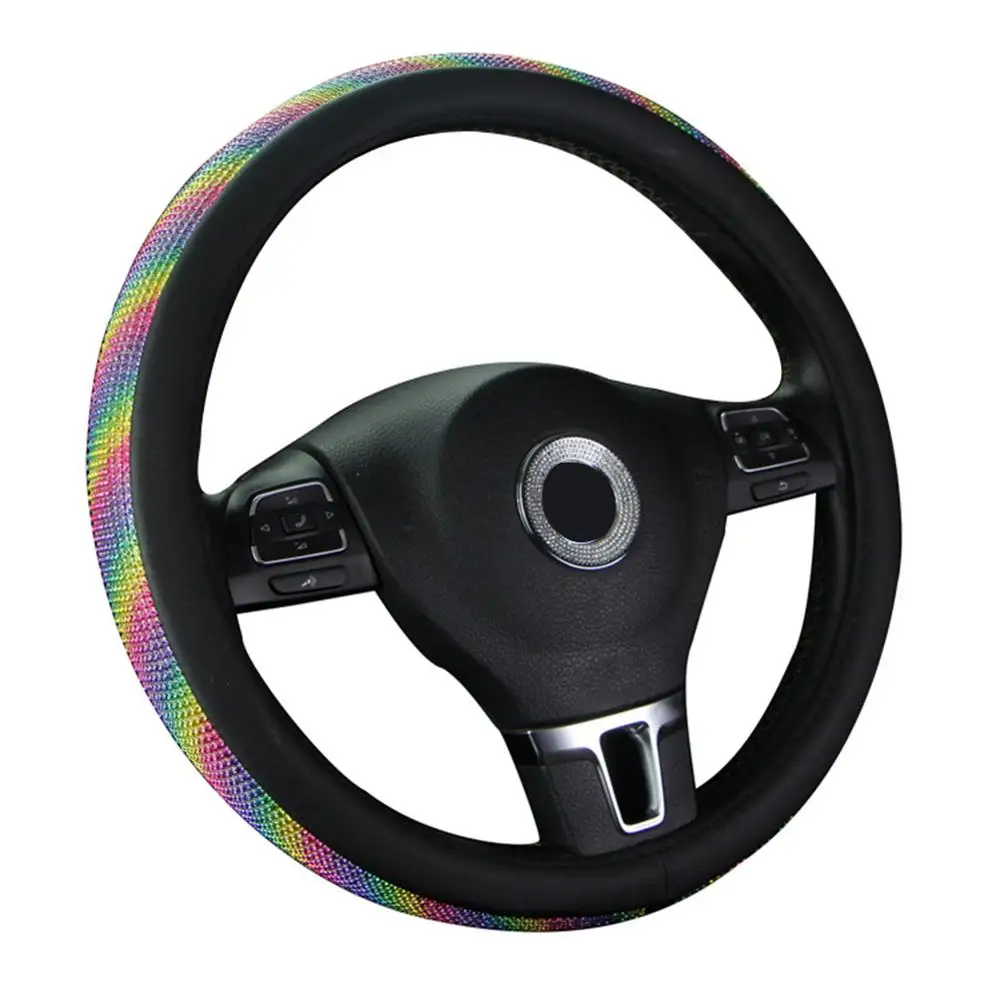 

Leather Car Steering Wheel Cover 38cm Glitter Rhinestone For Girl Lady Thread Artificial Leather Car Covers Suite couvre