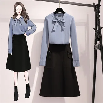 

HAMALIEL Fashion Plus Size Sweater Women 2 Piece Set Autumn Winter Knitted Bow Blue Pullovers And Black Woolen Swing Skirt Set