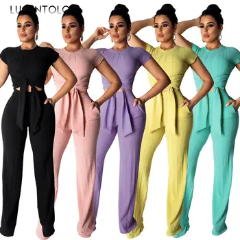 

Lugentolo Women Two Piece Set Spring Summer Solid Short Tops Lace Up Long Straight Pants Casual Loose Elegant Lady Fashion Sets