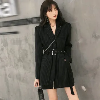 

Fashion Striped Sashes Female Blazer Notched Full Sleeve Black Woemn Jacket Autumn Loose Suit Streetwear 2020 High Quality