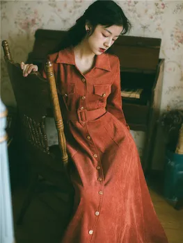 

2020 Spring New French Retro Corduroy Autumn Elegant Dress Slim Temperament Long Sleeve Dress