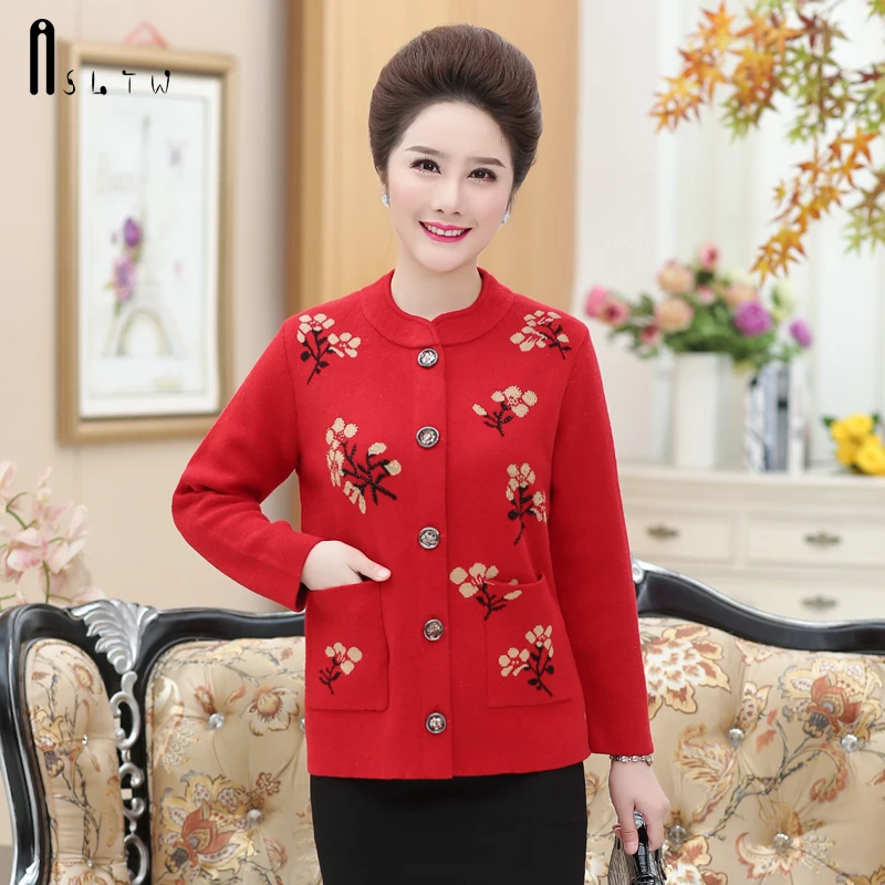 ASLTW Geometric Cardigan Sweater Coat New Autumn Winter Single-breasted Cardigan Women Plus Size Outwear Casual Sweater Coat - Цвет: Красный