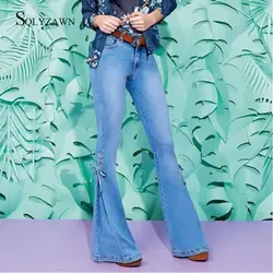 Женские уличные обтягивающие потертые расклешенные джинсы Корейская мода Kawaii шнуровка лук синий черный колокол низ джинсовые брюки плюс