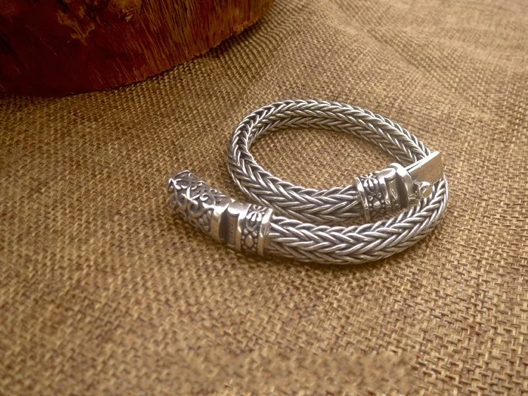 S925 Silver Pure Hand Woven 8mm Bracelet for Men Thai Silver Vintage Old 925 Sterling Silver Men Bracelet