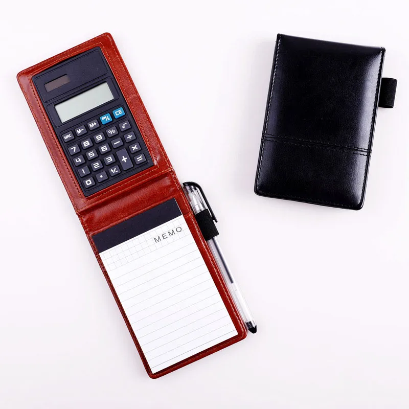 Cuaderno de notas pequeño de bolsillo A7 de cuero PU, Bloc de notas de negocio, cuaderno de notas de trabajo, planificador diario de notas con calculadora