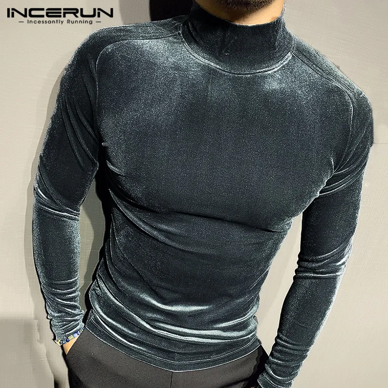

Men Velvet T Shirts Long Sleeve Solid Tops INCERUN 2020 Warm Man Turtleneck Thermal T-Shirts Hombre Fitness Skiny Camisetas 5XL