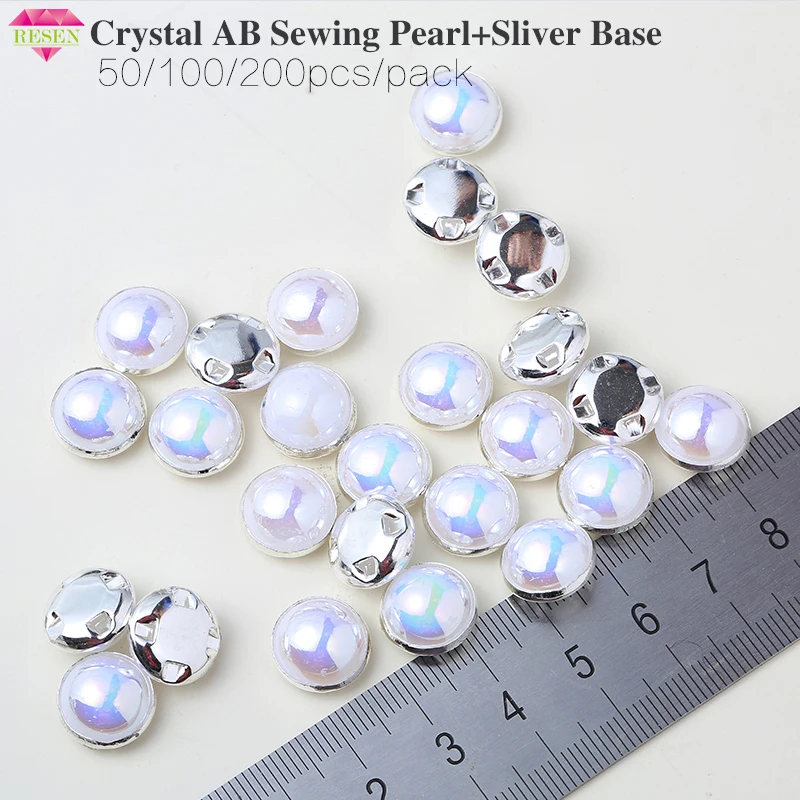 

RESEN 6mm 8mm 10mm 12mm Sliver Base Sewing Crystal AB Pearls With Claw Rhinestone Round Pearl Button Crystal AB Sliver Sewing