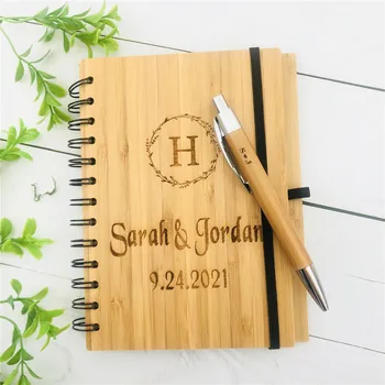 

Custom Engraved Name Date Bamboo Guest Book Personalized Engagement Party Gifts Note Book with Customized Pen Wedding Favors