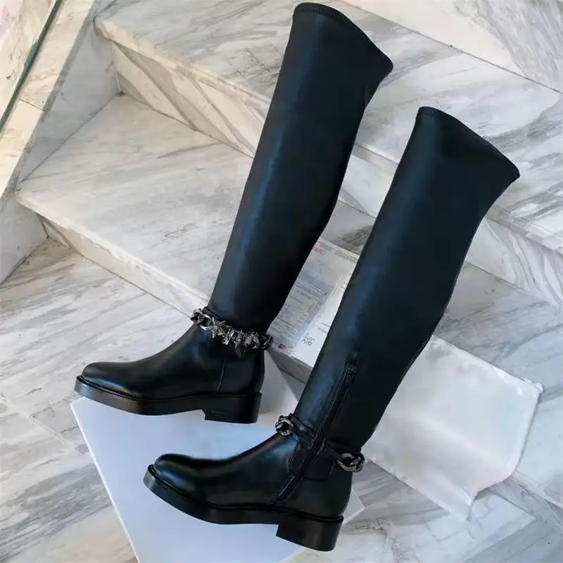 Scarpe donna/зимние женские высокие сапоги; черные женские сапоги выше колена с круглым носком, украшенные цепочкой и кристаллами; женская обувь; Botas Largas Dama - Цвет: As Pics
