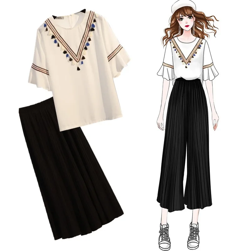 

2019 Large Size Dress Fat Mm Summer Wear Bell Sleeve Ethnic-Style Chiffon Tops And High-waisted Loose Pants Fashion Two-Piece Se