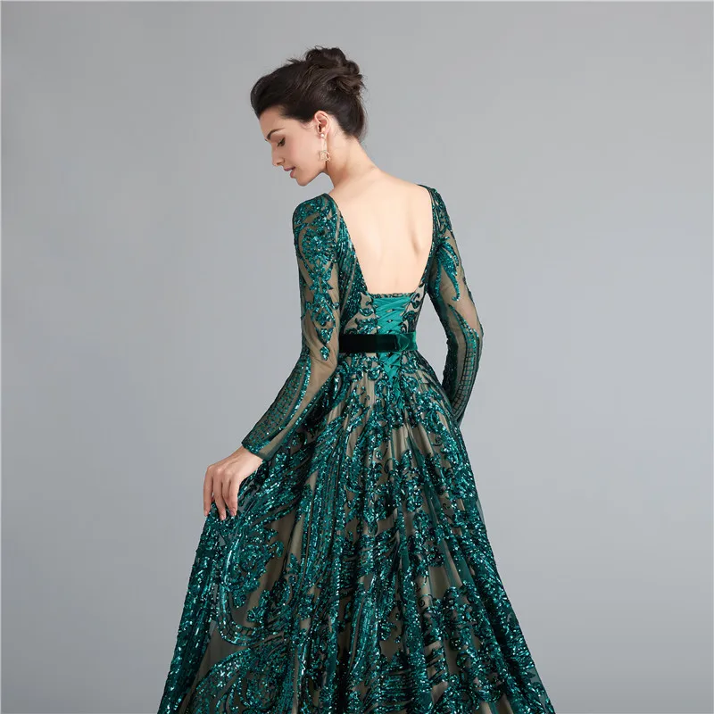 Зеленое блестящее вечернее платье с блестками с длинными рукавами длина до пола Arabia официальное вечернее платье выпускное платье Robe De Soiree