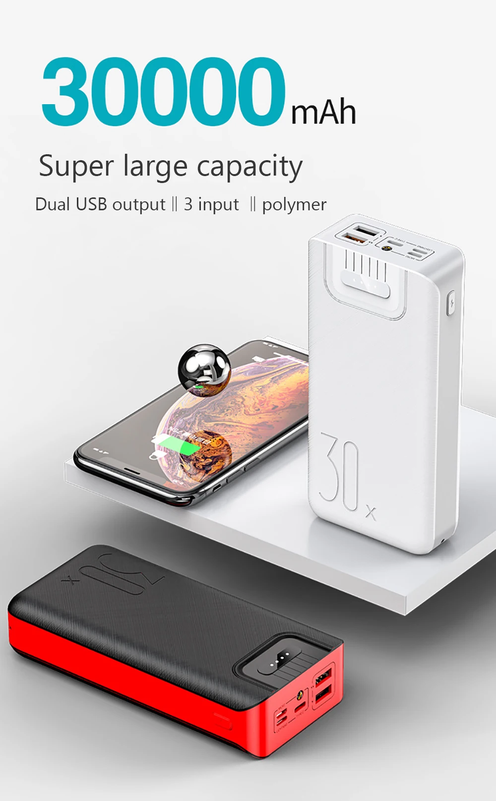 portable charger LED Power Bank 30000mAh Portable Charging Poverbank Pack Charge External Battery 2USB Powerbank For iPhone Xiaomi Samsung Huawei best power bank for mobile