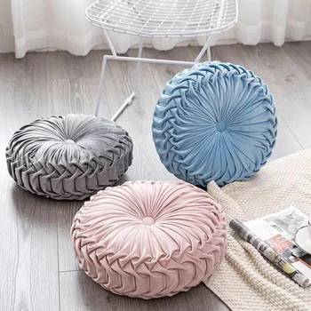 

Fashion Super European Luxury Velvet Throw Pillow Cushion Round Fabric Handmade Pleated Wheel Pumpkin Seat Cushion 5