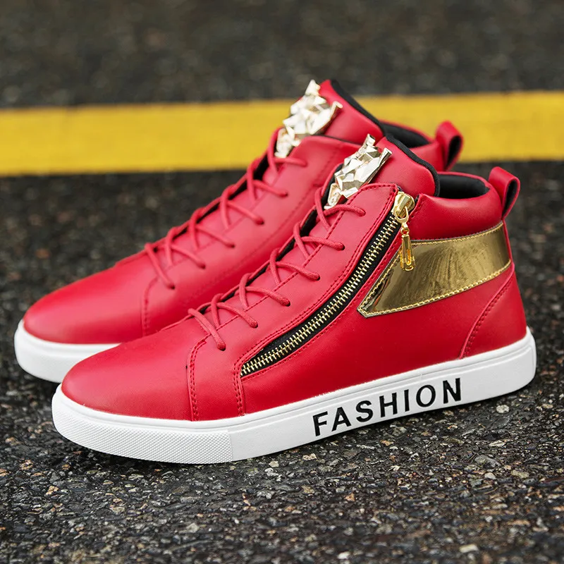 

New Fashion Red Zipper Glitter Shoes for Men Autumn Winter Warmly Fur High top Men's Sneakers Superstar Hip-hop Shoes Men Casual