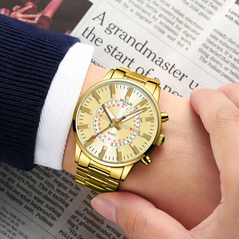 

Luxury Gold Men Watch Quartz Clock Stainless Steel Watches 30m AP Waterproof Calendar Date Men's watches relojes hombre