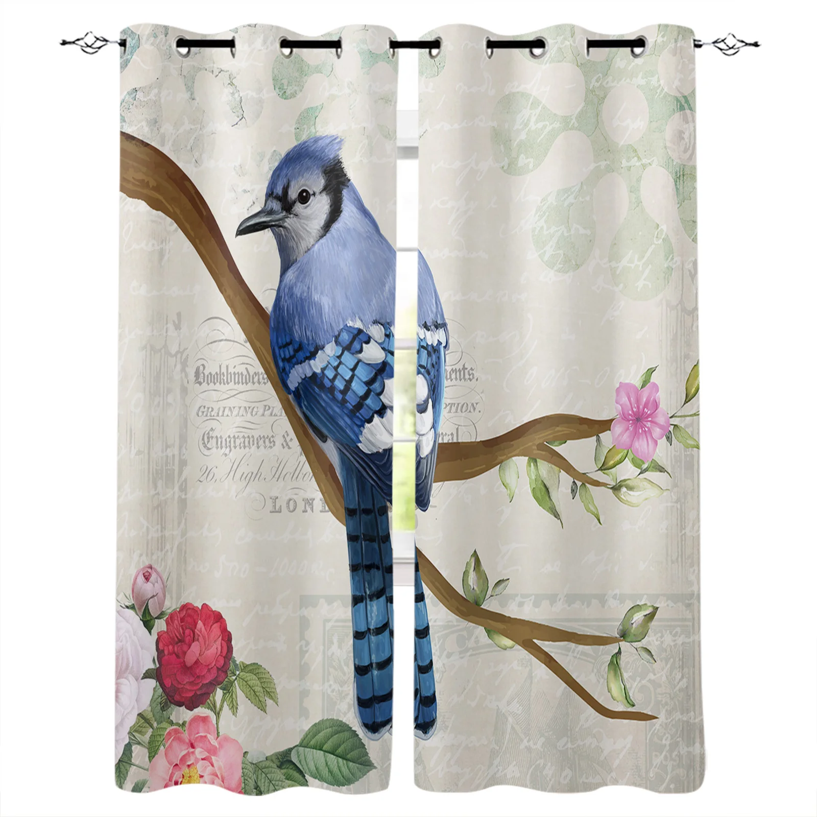 VintageFlowerBlueJayBirdGrommetTopCurtainsforLivingRoom