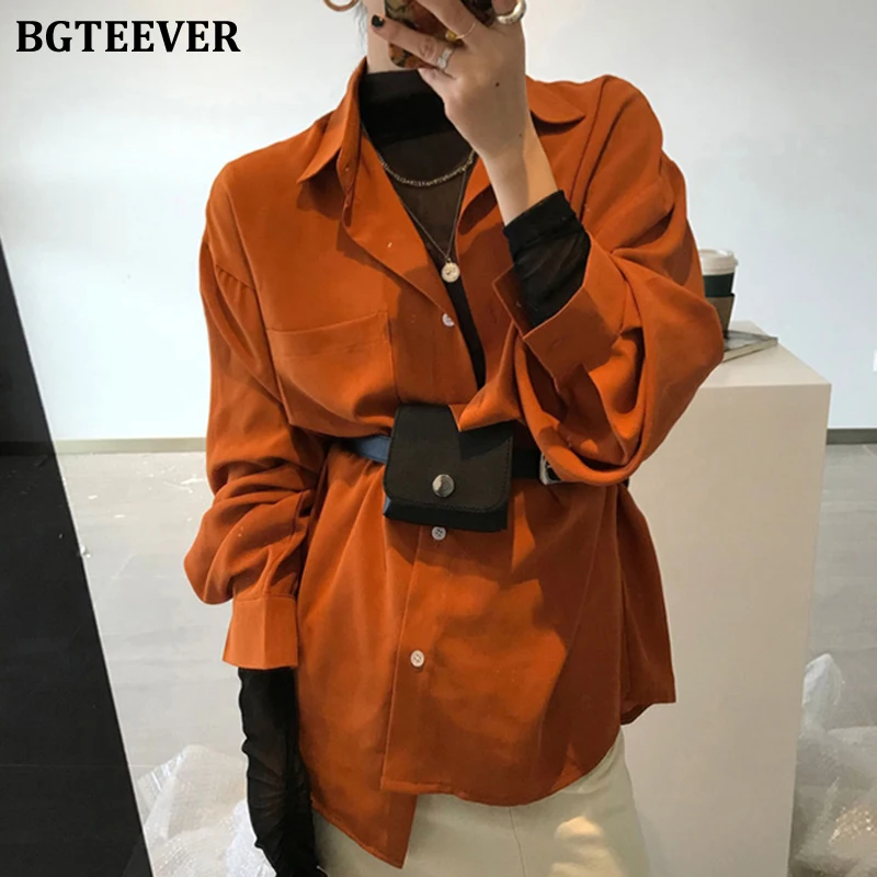 

BGTEEVER Vintage Lantern Sleeve Women Blouse Shirt Casual Turn-down Collar Shirts Female Single-breasted Ladies Blusas 2020