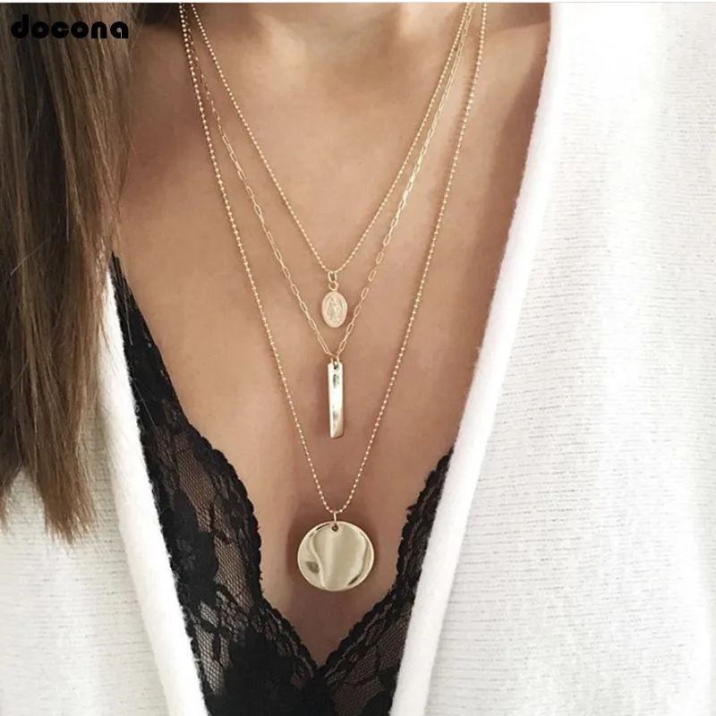 

docona Boho Gold Buddha Statue Wafer Multi Layer Necklace for Women Girl Geometric Layered Necklaces Collares B37206