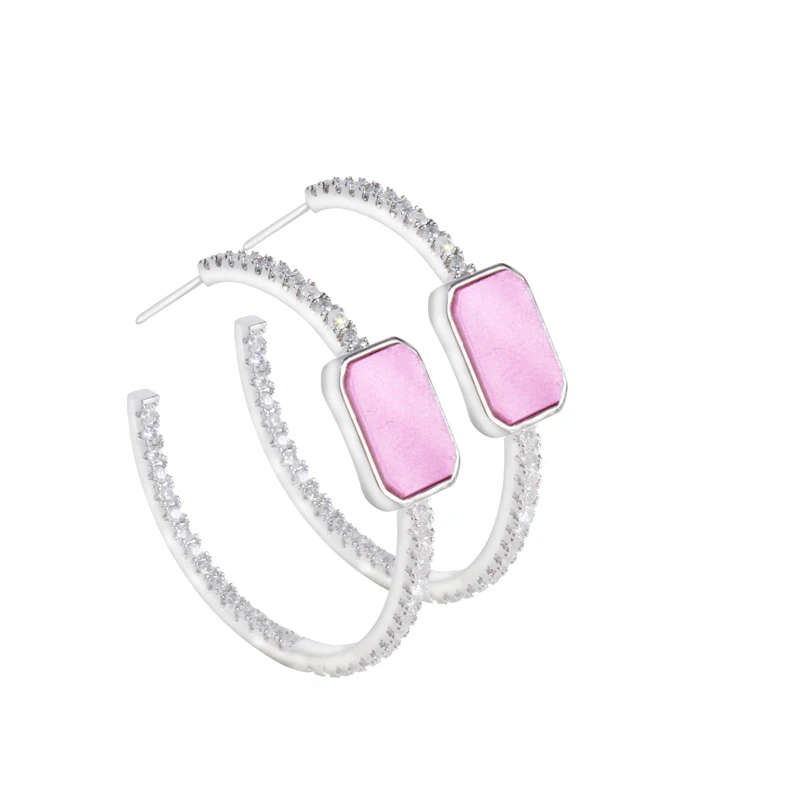 New Arrival Pink Acrylic Earrings Fashion Silver color CZ Zircon Crystal Hoop Earrings For Women Charm Jewelry - Окраска металла: Silver color