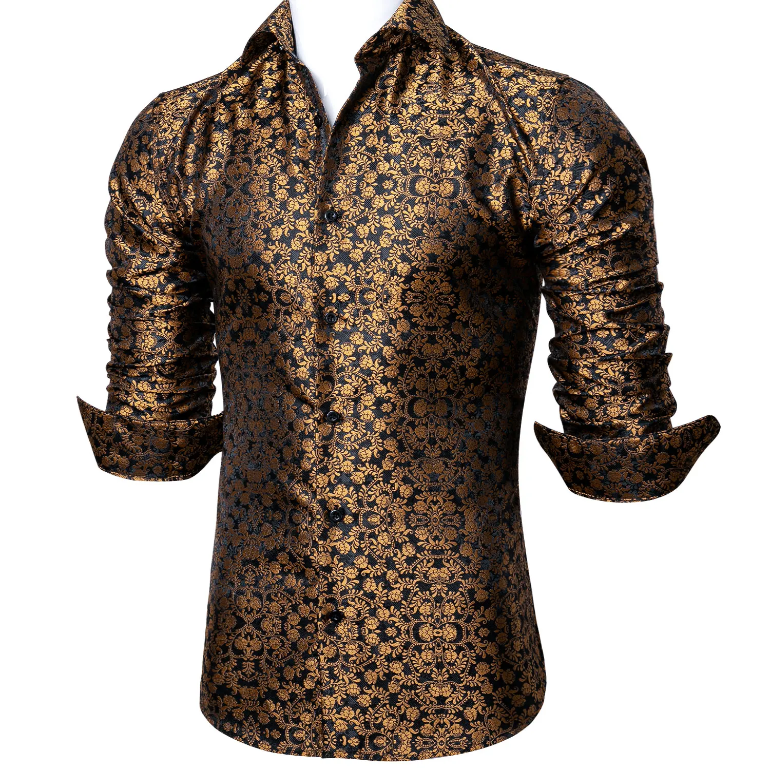 New Luxury Gold Silk Shirt Men Vintage Long Sleeve Shirt Paisley Floral Spring Autumn Casual Fit-Dress Party Male Barry.Wang