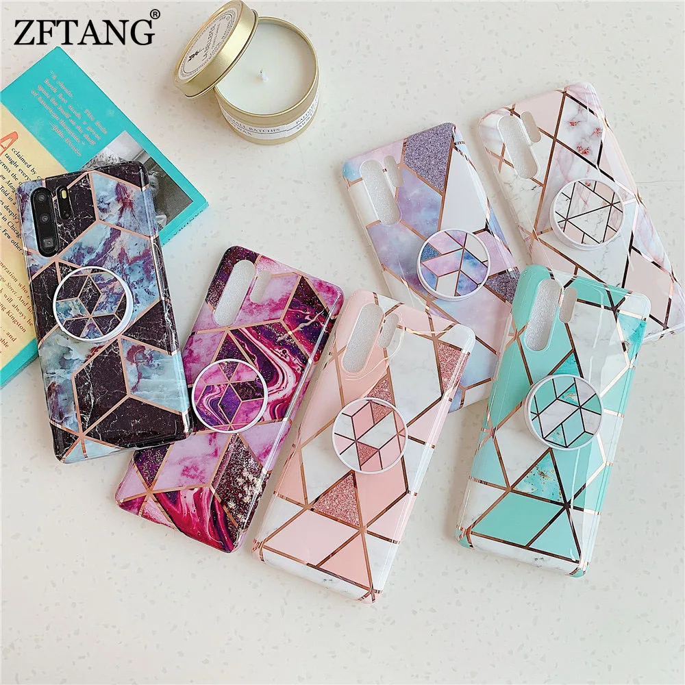 

Grip Stand Marble Phone Cases For Huawei P40 P30 P20 Lite Mate 30 20 Pro Lite Case Silicone Soft IMD Back Cover With Holder