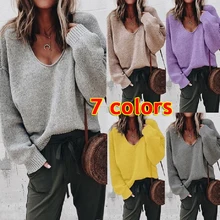 Женский Повседневный вязаный свитер с v-образным вырезом, Зимний пуловер с длинным рукавом, свободный однотонный джемпер, новая осенняя модная женская теплая одежда