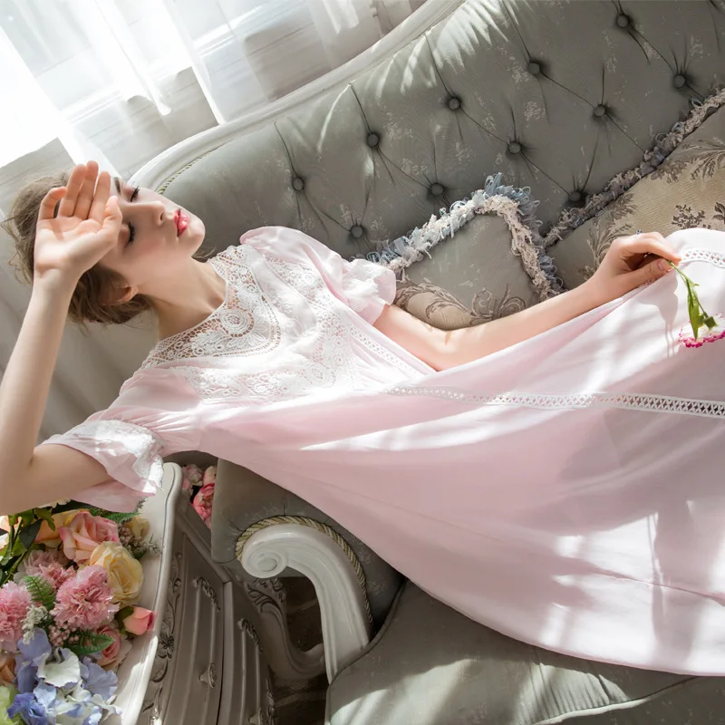 Women Nightgown Sleepwear Princess Long Sleeve Lace Dress French Court Cotton Retro Victorian Elegant Romantic