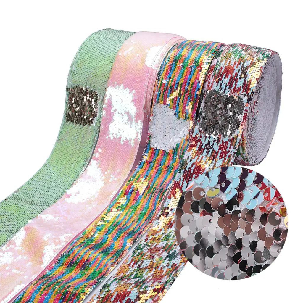 

3"75mm Double Color Reversible Sequin Ribbon Rainbow White Silver Pink Green DIY Gift Bowknots Making Sewing Fabric 25yards/roll