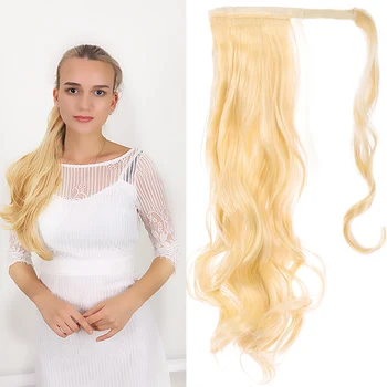 

DIANQI women‘s Long Wavy BLOND BROWN Wrap Around Clip In Ponytail THIN Hair Extension Synthetic Natural Wave Fake Hair