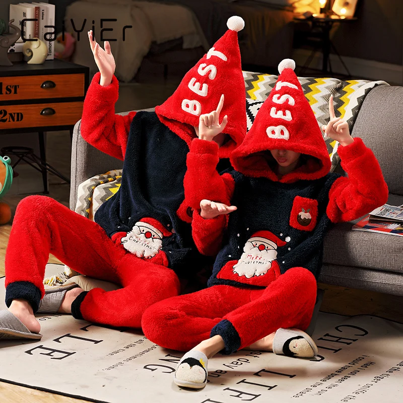 

CAIYIER Christmas Family Pajamas Set Winter Warm Couples Pajamas Thick Flannel Sleepwear Halloween Whimsy Gift Ladies Nightwear