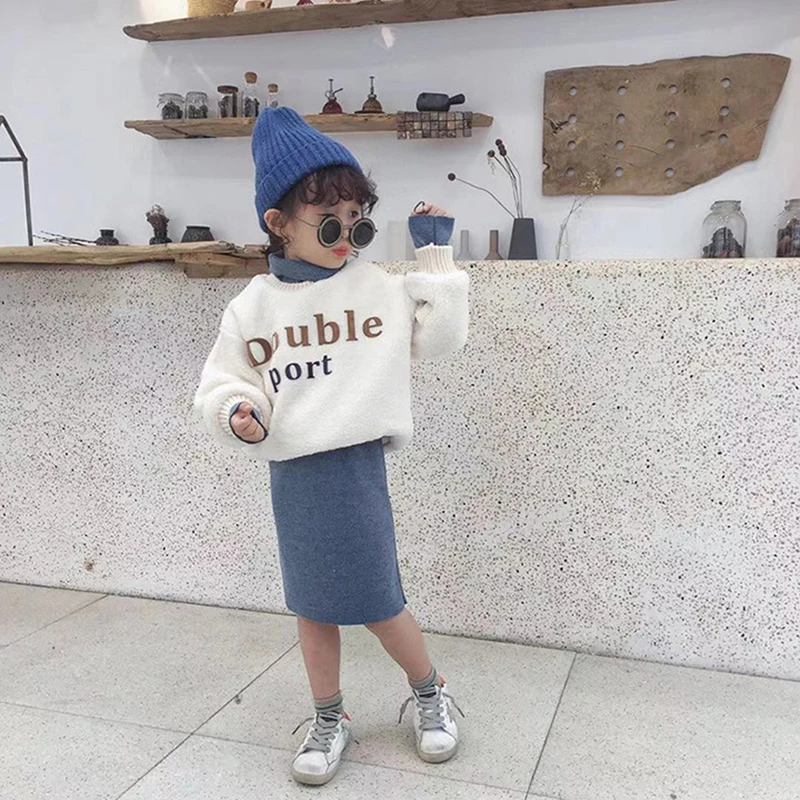 

2019 Children's Clothing Girls ClothesWinter New Children's Net Red Lambskin Sweater Pack Hip Skirt Two-piece Suit