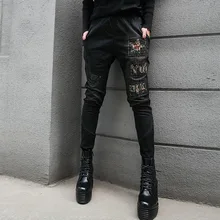 Корейские женские панковские узкие брюки женские винтажные джинсы со звездами стрейч черные брюки женские джинсовые шаровары уличная LT167S30