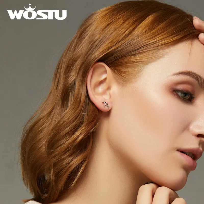 WOSTU 925 пробы серебро Весна Ласточка серьги-гвоздики в виде птицы для Для женщин свадебные Обручение маленькие серьги прекрасные ювелирные изделия CTE302