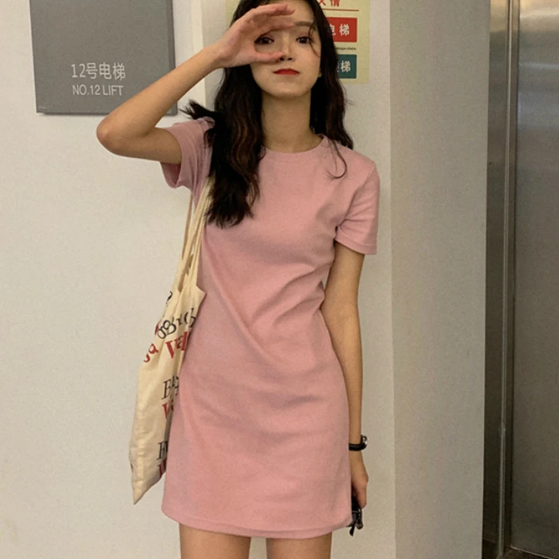 red dress Summer Short Sleeve Dress Solid O-neck Loose Womens Leisure Daily Streetwear Simple All-match Korean Style Chic Trendy BF New party dresses Dresses