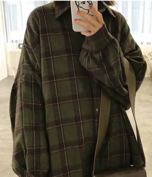 green Harajuku, Осенний клетчатый Тонкий шерстяной кардиган, корейский, с пышными рукавами, тонкая теплая рубашка, куртка, Ретро стиль, повседневный женский топ на пуговицах - Цвет: green