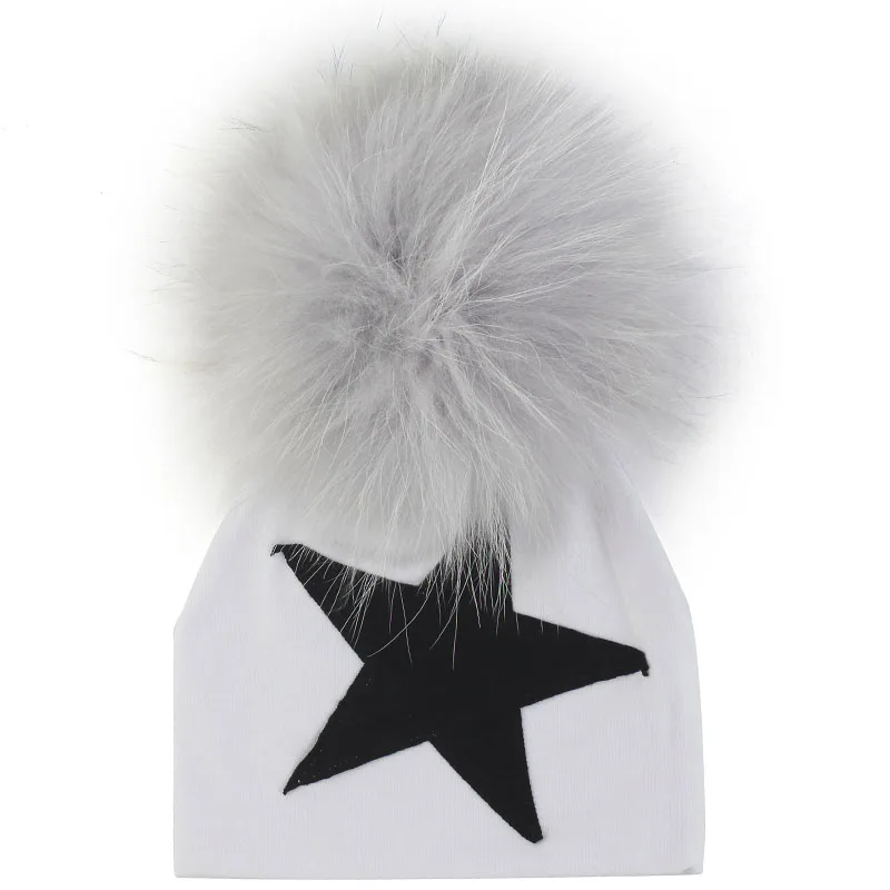 Geebro Newborn Baby Hat Real raccoon fur ball Pompom Beanie  Cotton Solid Hats For Baby Girls Boys Toddler Winter Children Caps 