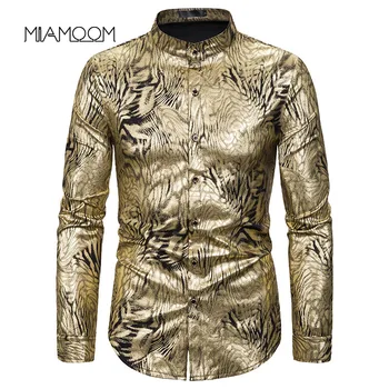

MIAMOOM Mens Shirt Gilt Printing Nightclub Men's Shirt European Size Men's Long Sleeve Shirt