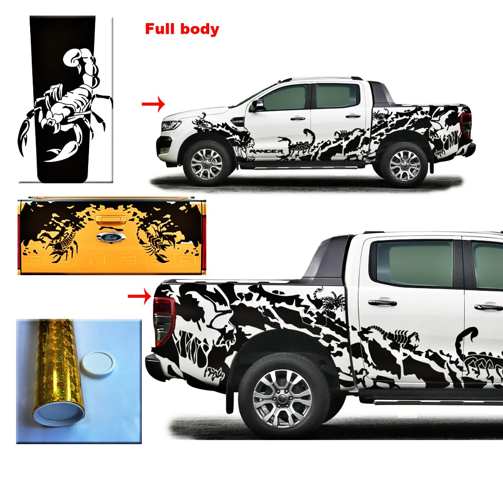 

mud skull boby side stickers poisonous scorpion hood decal and tail door mudling stripe for Ford ranger or wildtrack2012-2017