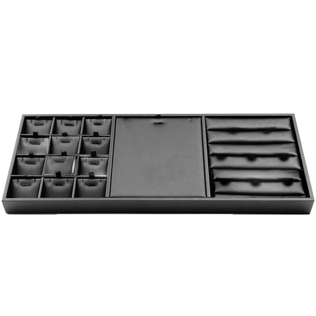 

Jewelry Tray Ring Earring Necklace Storage Box Stackable Holder PU Leather Display Showcase for Women Girls - Black