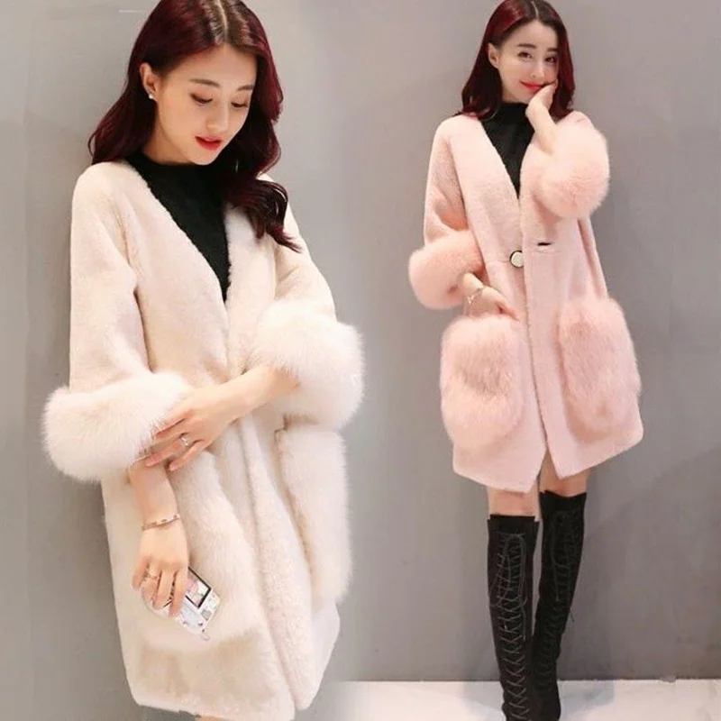 

Faux Fur Coat Women Clothing 2022 New Fashion Winter Korea Female Warm V-Neck Lamb Wool Mink Outerwear Ladies Long Plush Jacket