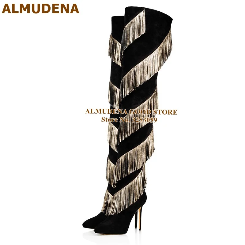 ALMUDENA; черные замшевые сапоги до бедра; золотой с бахромой; Сапоги выше колена на шпильках; Золотая кисточка; модельные сапоги-гладиаторы; большие размеры 46