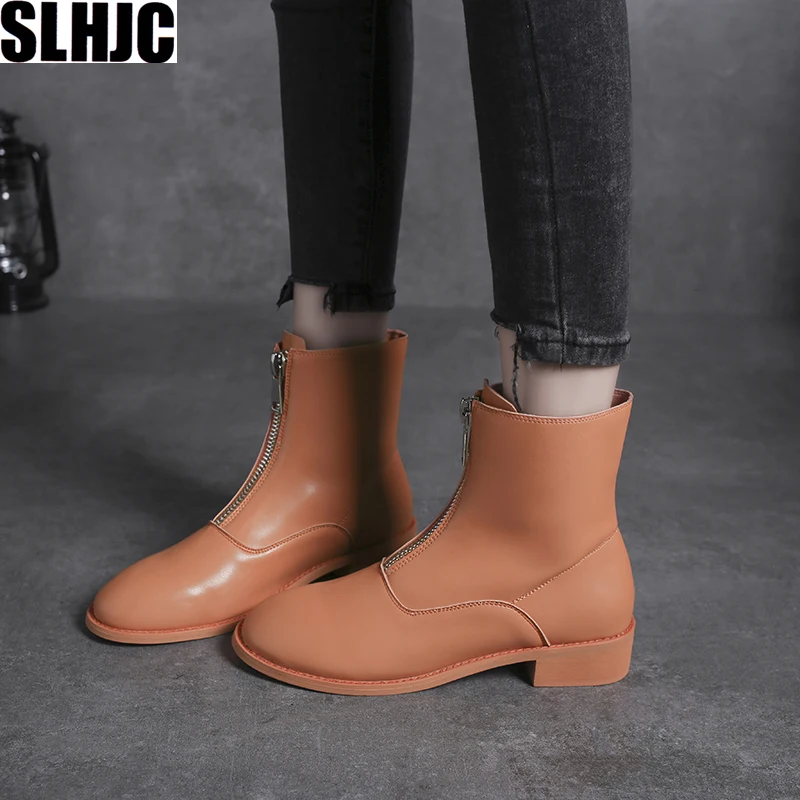 

SLHJC Med Heels Leather Boots Zip Retro England Style Candy Color Women Short Martin Boots Pumps Shoes