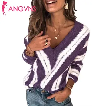 

Women V-Neck Knit Sweater Casual Long Sleeve None Striped Loose Spring, Autumn, Winter Pullover