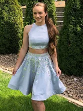 

Sexy Beaded Blue Cocktail Dresses Two Pieces Satin A Line Halter Neck Sleeveless Mini Short Homecoming Dress for Graduation Gown