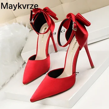 

European and American High heels women's shoes Tide fashion Satin Pointed Toe Back bowknot Fine heel female Pumps woman sandals