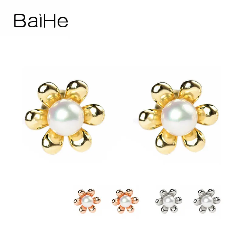 BAIHE Solid 14 карат желтое/розовое/белое золото 4 5 мм Серьги из натурального