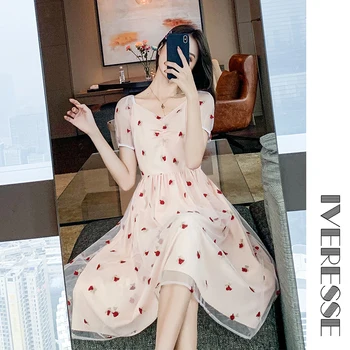 

Floral Embroidery Sweet Mesh Pleated Dress Women Summer Casual Elegant Fairy Femme Dress Midi Vestidos Robe Commute Grace Beach