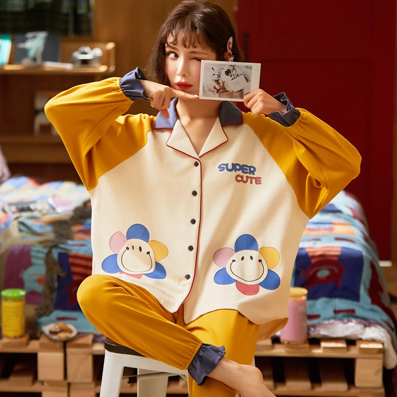 

Women Sleepwear Plus Size 3XL Cotton Version Pajamas Spring Fall Pyjamas Cartoon Nightgown Long Sleeve Lapel Loose THIN Nighty