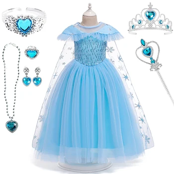 

Elsa Girl Summer Dress For 3-12 Years Girl Cosplay Snow Queen Princess Dresses With Cloak Children Clothing Kids Fancy Costume