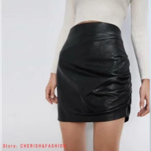 Осенне-зимняя женская юбка из искусственной кожи, Сексуальная мини-юбка, уличная одежда на молнии, трапециевидная посылка, Женская облегающая одежда с высокой талией